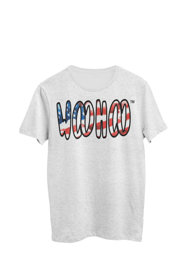 Heather gray unisex t-shirt designed by WooHoo Apparel. The design features a larger 'woohoo' font with an artistic American flag inside the outline.